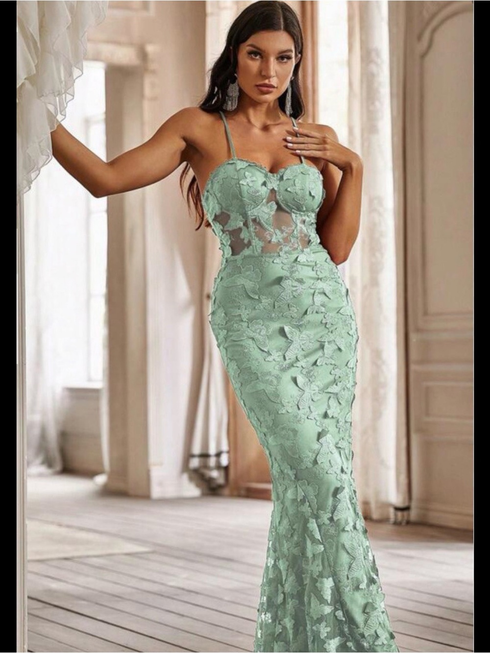 Lace Appliqué Mermaid Dress with Sheer Bodice - BLACK